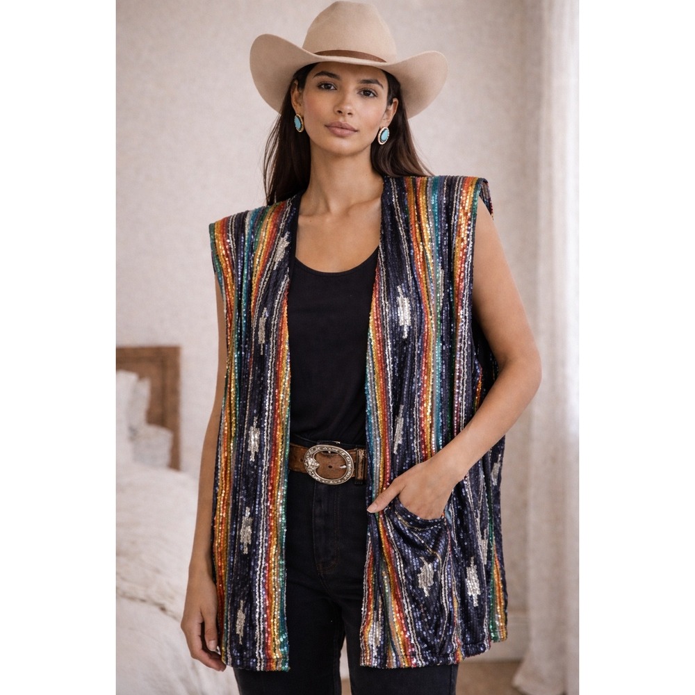 L&B Sequin Serape Western Vest Duster Nashville‎ Rodeo Festival Boho M